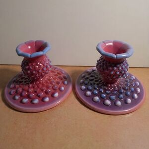 Fenton Plum Opalescent Hobnail Art Glass Candlestick Holders Prelogo